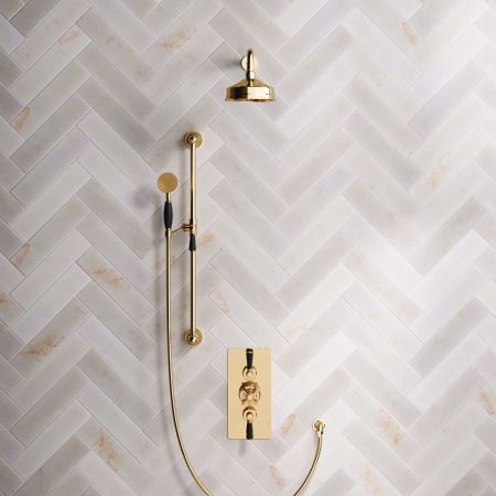 Calder Dual Outlet Shower Kit - Concealed Valve - 6 inch Rose - Black Ceramic Lever - Handshower Slider-Rail - Living Brass