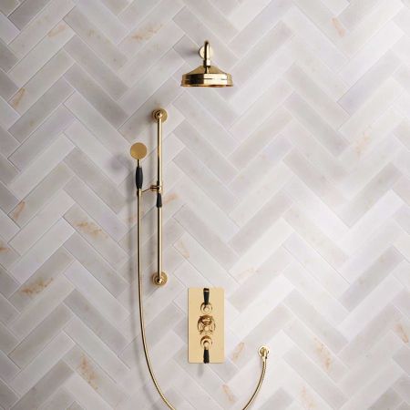 Calder Dual Outlet Shower Kit - Concealed Valve - 8 inch Rose - Black Ceramic Lever - Handshower Slider-Rail - Living Brass
