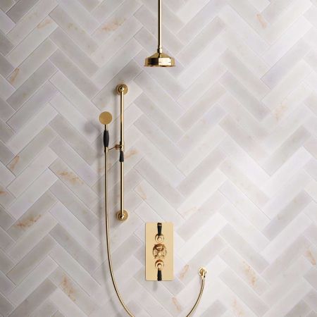 Calder Dual Outlet Shower Kit - Concealed Valve - 6 inch Rose - Black Ceramic Lever - Handshower Slider-Rail - Ceiling Mounted Rose - Living Brass