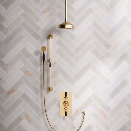 Calder Dual Outlet Shower Kit - Concealed Valve - 8 inch Rose - Black Ceramic Lever - Handshower Slider-Rail - Ceiling Mounted Rose - Living Brass