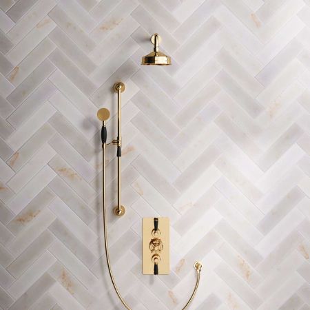 Calder Dual Outlet Shower Kit - Concealed Valve - 6 inch Rose - Black Ceramic Lever - Handshower Slider-Rail - Living Brass