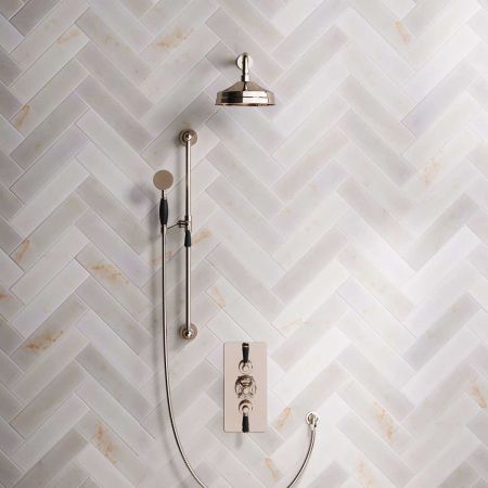 Linton Dual Outlet Concealed Shower with Slider Rail, 300mm Wall Arm, 8" Rose & Black Lever in Shower with Polished Nickel