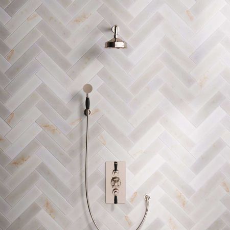 Linton Dual Outlet Concealed Shower with Handshower Hook, 300mm Wall Arm, 6" Rose & Black Levers in Polished Nickel