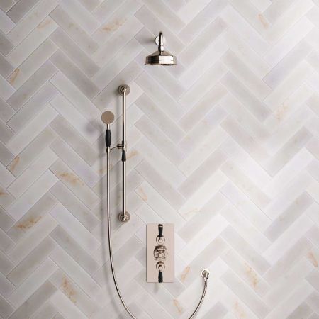 Linton Dual Outlet Concealed Shower with Slider Rail, 500mm Wall Arm, 6" Rose & Black Lever in Polished Nickel