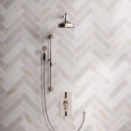 Linton Dual Outlet Concealed Shower with Slider Rail, 500mm Wall Arm, 8" Rose & Black Lever in Polished Nickel