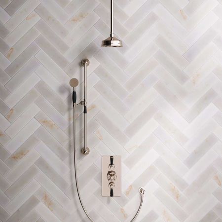 Linton Dual Outlet Concealed Shower with Slider Rail, 210mm Ceiling Arm, 6" Rose and Black Levers in Polished Nickel