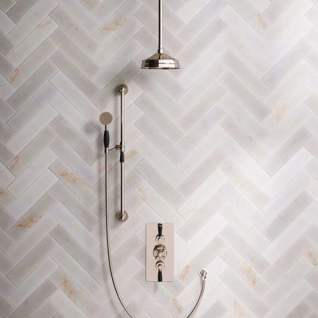 Linton Dual Outlet Concealed Shower with Slider Rail, 210mm Ceiling Arm, 8" Rose and Black Levers in Polished Nickel