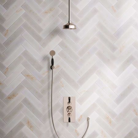 Linton Dual Outlet Concealed Shower with Handshower Hook, 210mm Ceiling Arm, 6" Rose & Black Levers in Polished Nickel