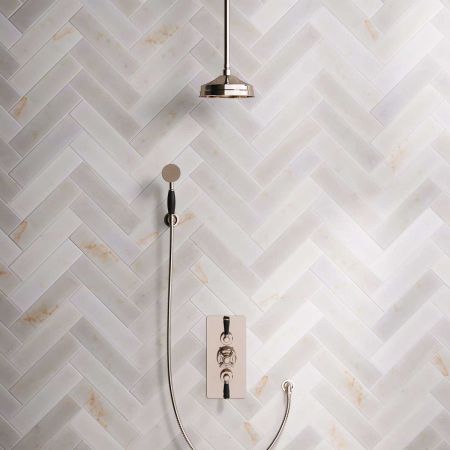 Linton Dual Outlet Concealed Shower with Handshower Hook, 210mm Ceiling Arm, 8" Rose & Black Levers in Polished Nickel