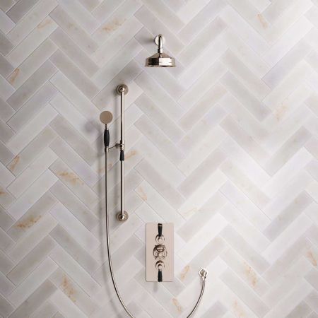 Linton Dual Outlet Concealed Shower with Slider Rail, 300mm Wall Arm, 6" Rose & Black Lever in Polished Nickel
