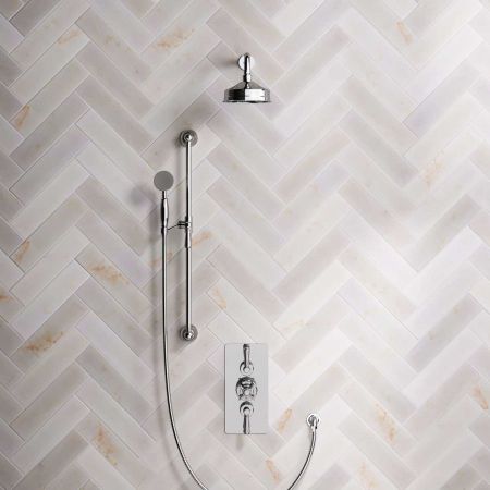 Linton Dual Outlet Concealed Shower with Slider Rail, 300mm Wall Arm, 6" Rose & Metal Levers in Chrome