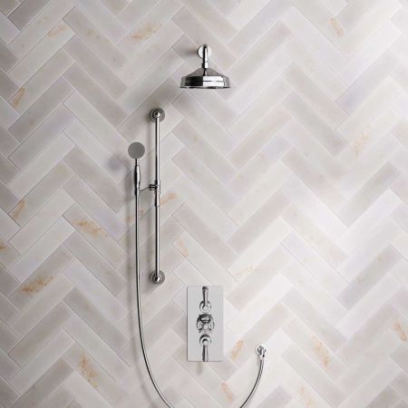 Linton Dual Outlet Concealed Shower with Slider Rail, 300mm Wall Arm, 8" Rose & Metal Levers in Chrome