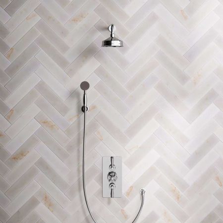 Linton Dual Outlet Concealed Shower with Handshower Hook, 500mm Wall Arm, 6" Rose & Metal Levers in Chrome