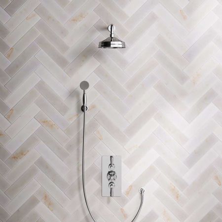 Linton Dual Outlet Concealed Shower with Handshower Hook, 300mm Wall Arm, 8" Rose & Metal Levers in Chrome