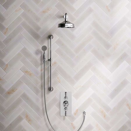 Linton Dual Outlet Concealed Shower with Slider Rail, 500mm Wall Arm, 8" Rose & Metal Levers in Chrome