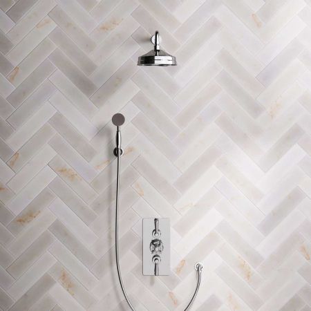 Linton Dual Outlet Concealed Shower with Handshower Hook, 500mm Wall Arm, 8" Rose & Metal Levers in Chrome