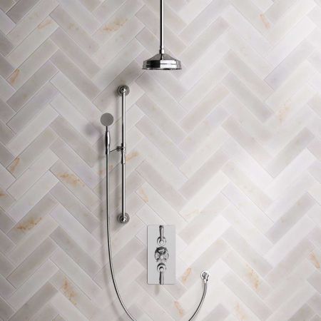 Linton Dual Outlet Concealed Shower with Slider Rail, 210mm Ceiling Arm, 8" Rose & Metal Levers in Chrome