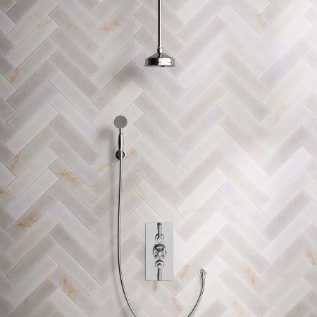 Linton Dual Outlet Concealed Shower with Handshower Hook, 210mm Ceiling Arm, 6" Rose & Metal Levers in Chrome