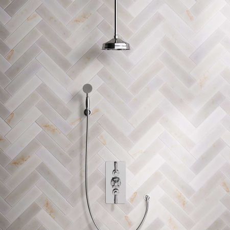 Linton Dual Outlet Concealed Shower with Handshower Hook, 210mm Ceiling Arm, 8" Rose & Metal Levers in Chrome