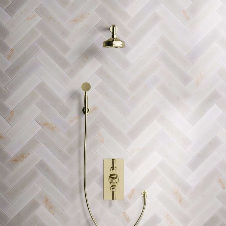 Calder Dual Outlet Shower Kit - Concealed Valve - 6 inch Rose - 500mm Shower Arm - Metal Lever - Handshower Hook - Timeless Brass