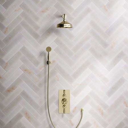 Calder Dual Outlet Shower Kit - Concealed Valve - 8 inch Rose - Metal Lever - Handshower Hook - Timeless Brass