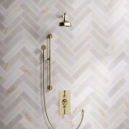 Calder Dual Outlet Shower Kit - Concealed Valve - 6 inch Rose - 500mm Shower Arm - Metal Lever - Handshower Slider-Rail - Timeless Brass