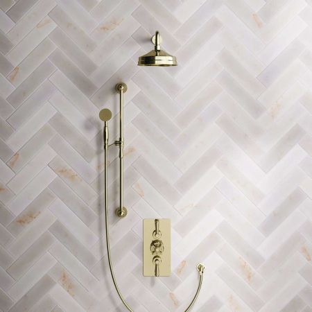 Calder Dual Outlet Shower Kit - Concealed Valve - 8 inch Rose - 500mm Shower Arm - Metal Lever - Handshower Slider-Rail - Timeless Brass