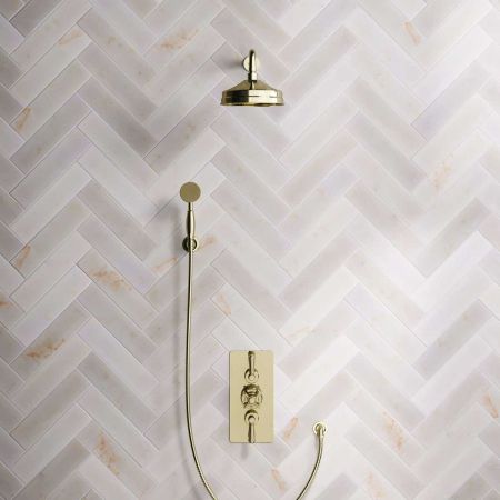 Calder Dual Outlet Shower Kit - Concealed Valve - 8 inch Rose - 500mm Shower Arm - Metal Lever - Handshower Hook - Timeless Brass