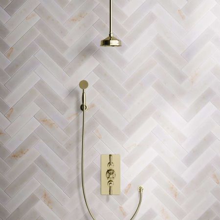 Calder Dual Outlet Shower Kit - Concealed Valve - 6 inch Rose - Metal Lever - Handshower Hook - Ceiling Mounted Rose - Timeless Brass