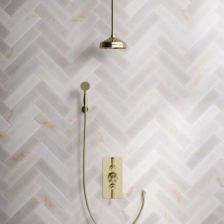 Calder Dual Outlet Shower Kit - Concealed Valve - 8 inch Rose - Metal Lever - Handshower Hook - Ceiling Mounted Rose - Timeless Brass