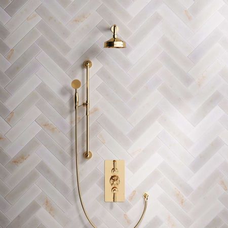 Calder Dual Outlet Shower Kit - Concealed Valve - 6 inch Rose - Metal Lever - Handshower Slider-Rail - Living Brass