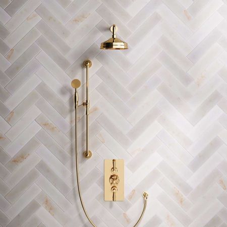 Calder Dual Outlet Shower Kit - Concealed Valve - 8 inch Rose - Metal Lever - Handshower Slider-Rail - Living Brass