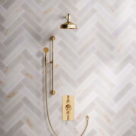 Calder Dual Outlet Shower Kit - Concealed Valve - 8 inch Rose - 500mm Shower Arm - Metal Lever - Handshower Slider-Rail - Living Brass