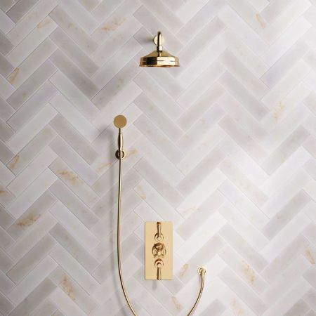 Calder Dual Outlet Shower Kit - Concealed Valve - 8 inch Rose - 500mm Shower Arm - Metal Lever - Handshower Hook - Living Brass