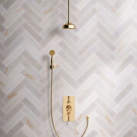 Calder Dual Outlet Shower Kit - Concealed Valve - 6 inch Rose - Metal Lever - Handshower Hook - Ceiling Mounted Rose - Living Brass
