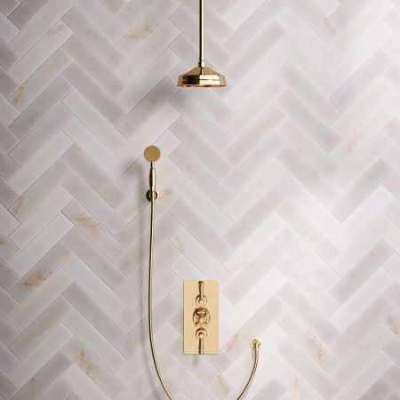 Calder Dual Outlet Shower Kit - Concealed Valve - 8 inch Rose - Metal Lever - Handshower Hook - Ceiling Mounted Rose - Living Brass