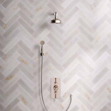 Linton Dual Outlet Concealed Shower with Handshower Hook, 500mm Wall Arm, 6" Rose & Metal Levers in Polished Nickel