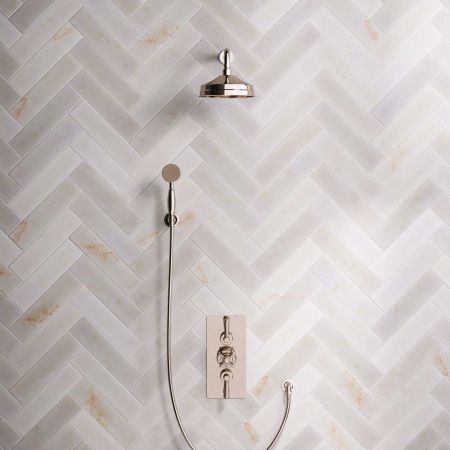 Linton Dual Outlet Concealed Shower with Handshower Hook, 300mm Wall Arm, 8" Rose & Metal Levers in Polished Nickel