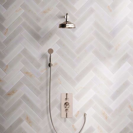 Linton Dual Outlet Concealed Shower with Handshower Hook, 500mm Wall Arm, 8" Rose & Metal Levers in Polished Nickel