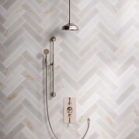 Linton Dual Outlet Concealed Shower with Slider Rail, 210mm Ceiling Arm, 8" Rose & Metal Levers in Polished Nickel