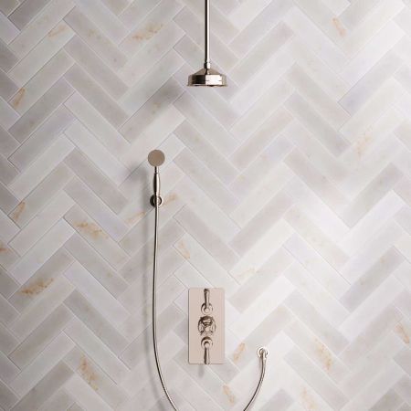 Linton Dual Outlet Concealed Shower with Handshower Hook, 210mm Ceiling Arm, 6" Rose & Metal Levers in Polished Nickel