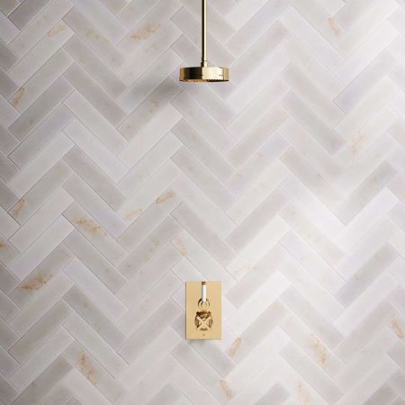 Bayor Single Outlet Concealed Shower with 210mm Ceiling Arm, 8" Rose & White Levers in Living Brass