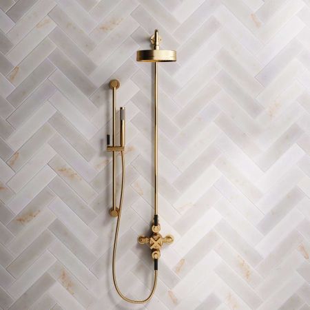 Bayor Dual Outlet Exposed Shower with Slider Rail, 8" Rose & Black Levers in Brushed Brass