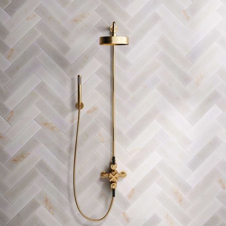 Bayor Dual Outlet Exposed Shower with Handshower Hook, 8" Rose & Black Levers in Brushed Brass