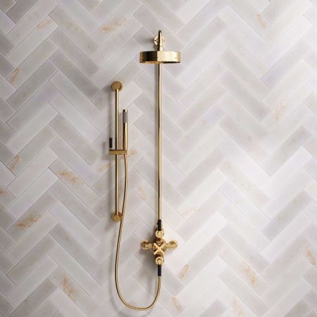 Bayor Dual Outlet Exposed Shower with Slider Rail, 8" Rose & Black Levers in Living Brass