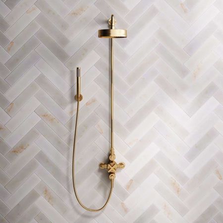 Bayor Dual Outlet Exposed Shower with Handshower Hook, 8" Rose & Metal Levers in Brushed Brass
