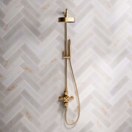 Bayor Dual Outlet Exposed Shower with Riser Mounted Handshower, 8" Rose & Metal Levers in Brushed Brass