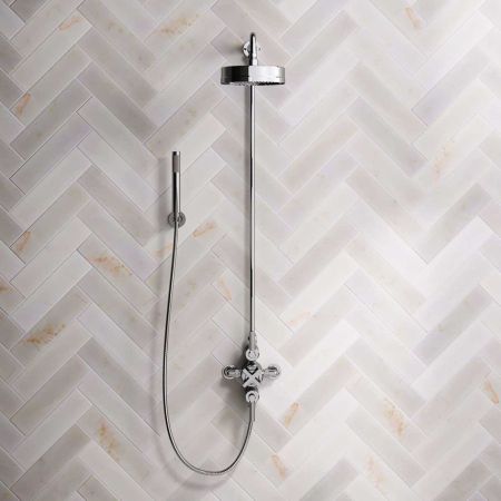 Bayor Dual Outlet Exposed Shower with Handshower Hook, 8" Rose & Metal Levers in Chrome