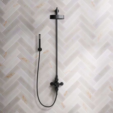 Bayor Dual Outlet Exposed Shower with Handshower Hook, 8" Rose & Metal Levers in Matt Black