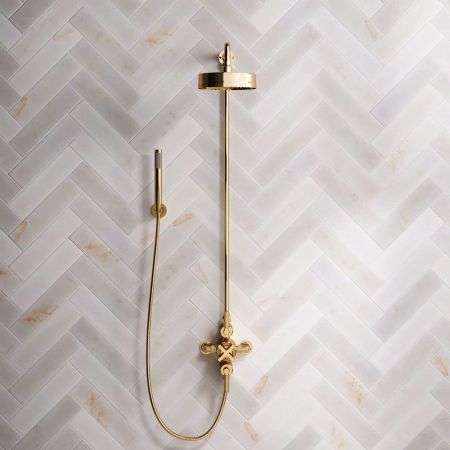 Bayor Dual Outlet Exposed Shower with Handshower Hook, 8" Rose & Metal Levers in Living Brass